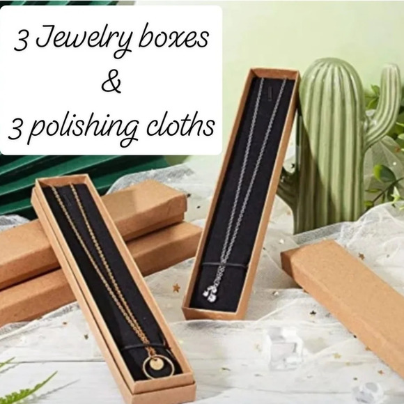 Jewelry - (3) Kraft paper jewelry boxes & (3) polishing cloths, necklace bracelet chain